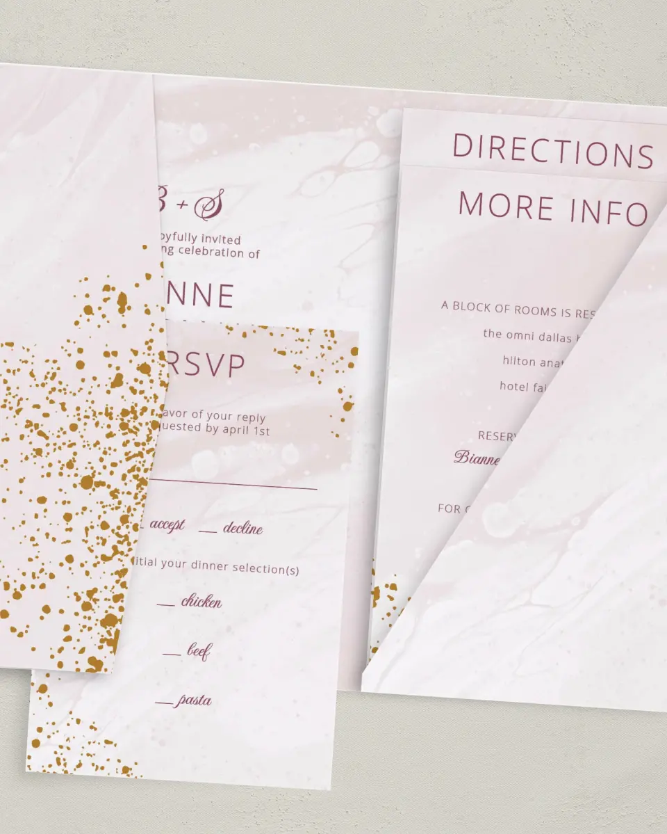This is a 5" x 7⅞" Pocket Wedding Invitation called Tender Mist printed in full color on Premium Smooth paper