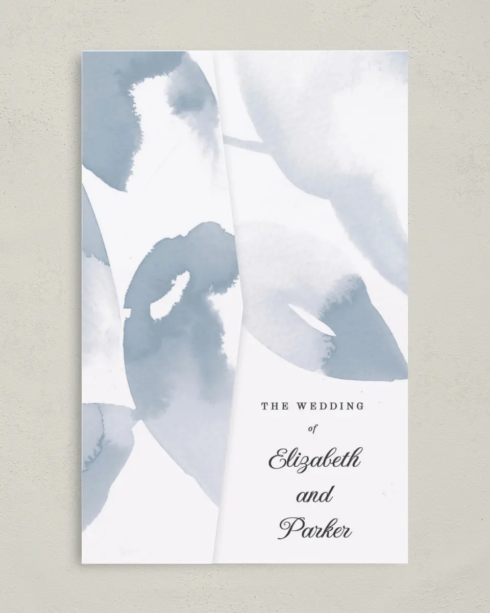 This is a 5" x 7⅞" Pocket Wedding Invitation called Painted Majesty printed in full color on Premium Smooth paper