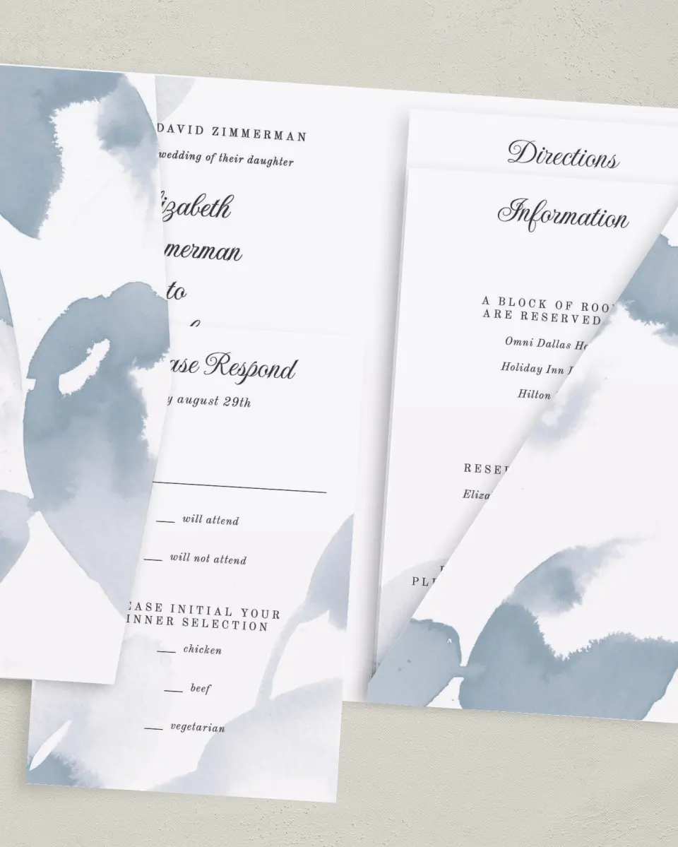 This is a 5" x 7⅞" Pocket Wedding Invitation called Painted Majesty printed in full color with Rose Gold foil on Luxe Satin (coated) paper