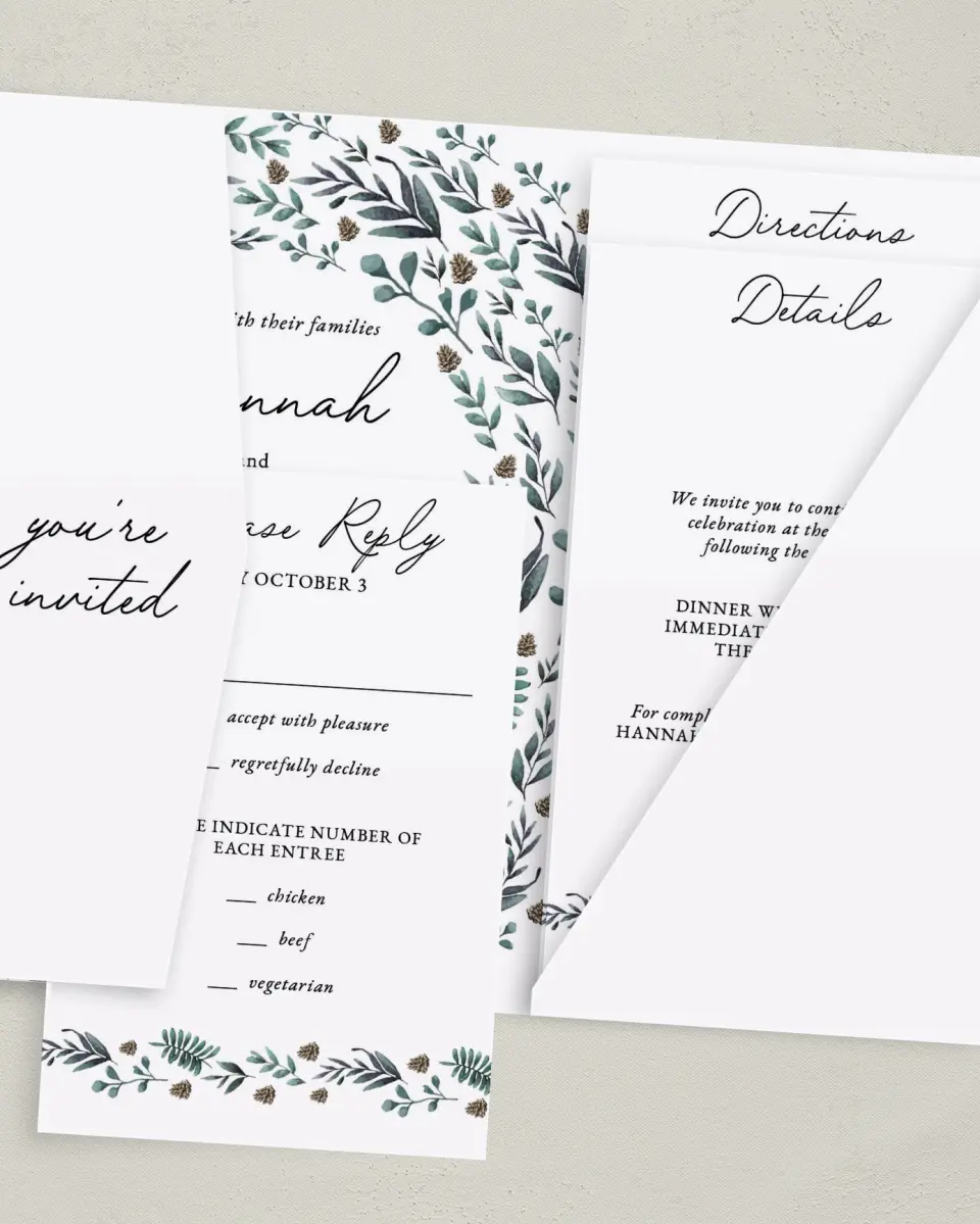 This is a 5" x 7⅞" Pocket Wedding Invitation called Pinecone Allure printed in full color with Gold foil on Luxe Satin (coated) paper