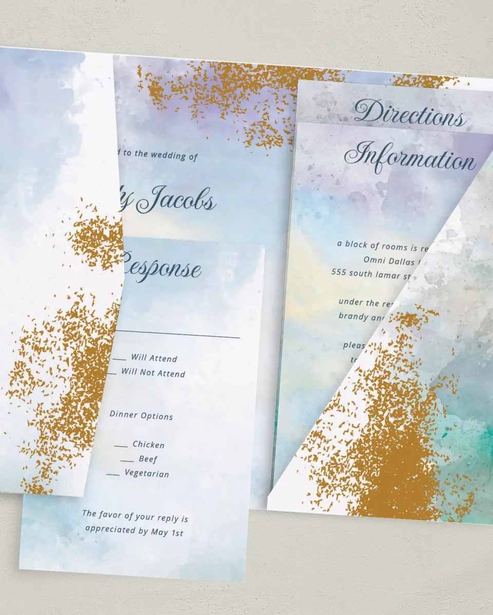 This is a 5" x 7⅞" Pocket Wedding Invitation called Dreamy Sky printed in full color on Premium Smooth paper