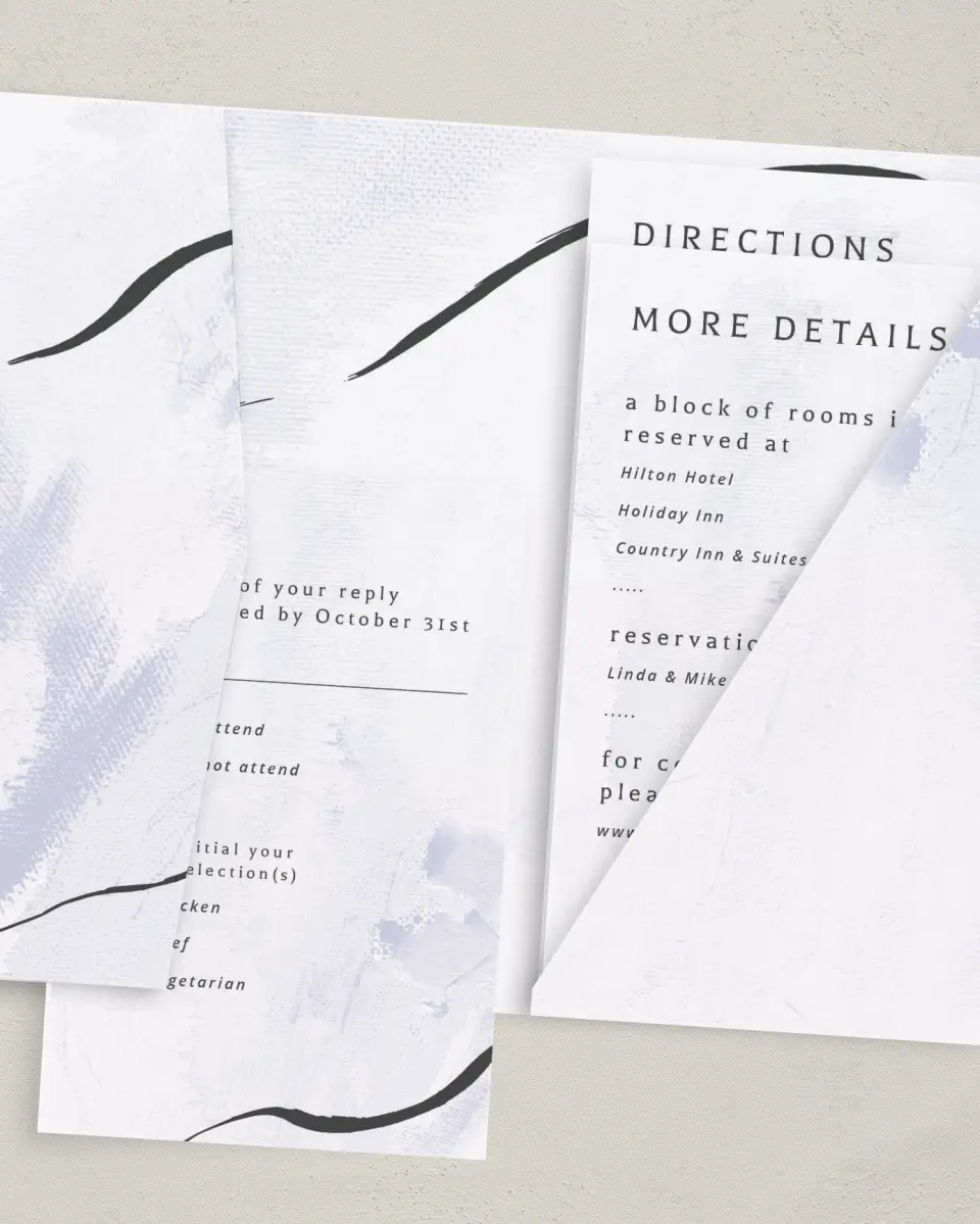 This is a 5" x 7⅞" Pocket Wedding Invitation called Gilded Marble printed in full color with Gold foil on Luxe Satin (coated) paper