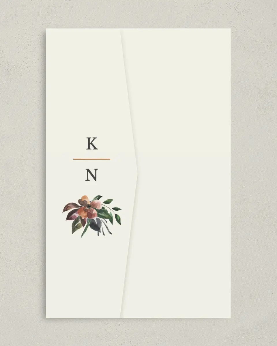 This is a 5" x 7⅞" Pocket Wedding Invitation called Golden Blooms printed in full color on Premium Smooth paper