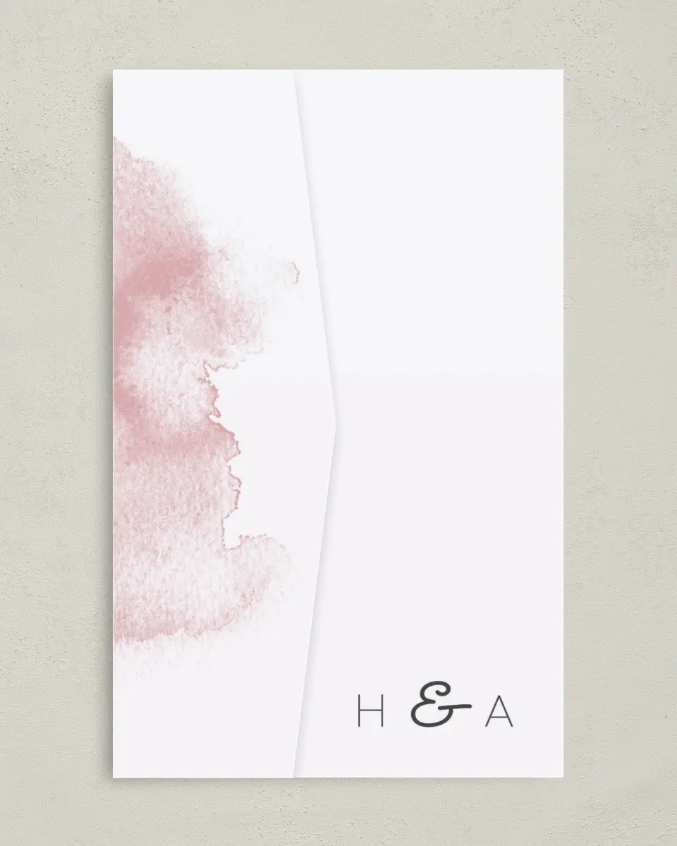 This is a 5" x 7⅞" Pocket Wedding Invitation called Watercolor Rapture printed in full color on Premium Smooth paper
