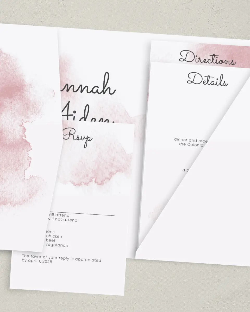 This is a 5" x 7⅞" Pocket Wedding Invitation called Watercolor Rapture printed in full color with Gold foil on Luxe Satin (coated) paper