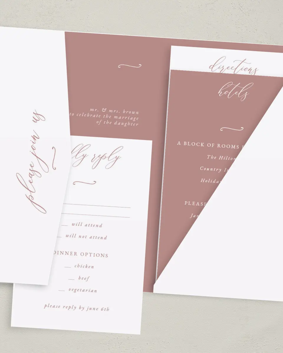 This is a 5" x 7⅞" Pocket Wedding Invitation called Modern Whisper printed in full color on Premium Smooth paper