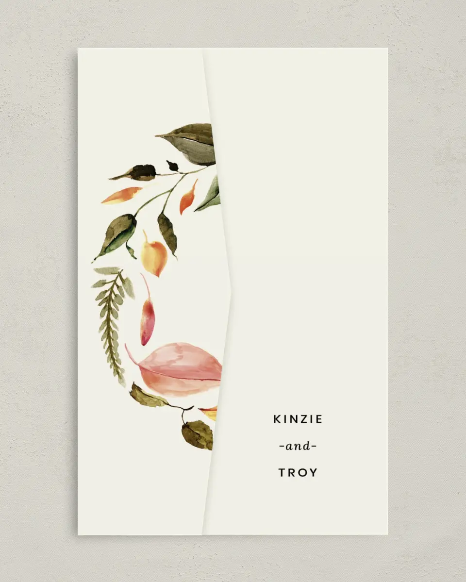 This is a 5" x 7⅞" Pocket Wedding Invitation called Faintly Fall printed in full color on Premium Smooth paper