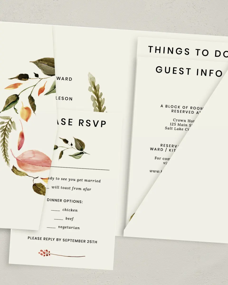 This is a 5" x 7⅞" Pocket Wedding Invitation called Faintly Fall printed in full color with Gold foil on Luxe Satin (coated) paper