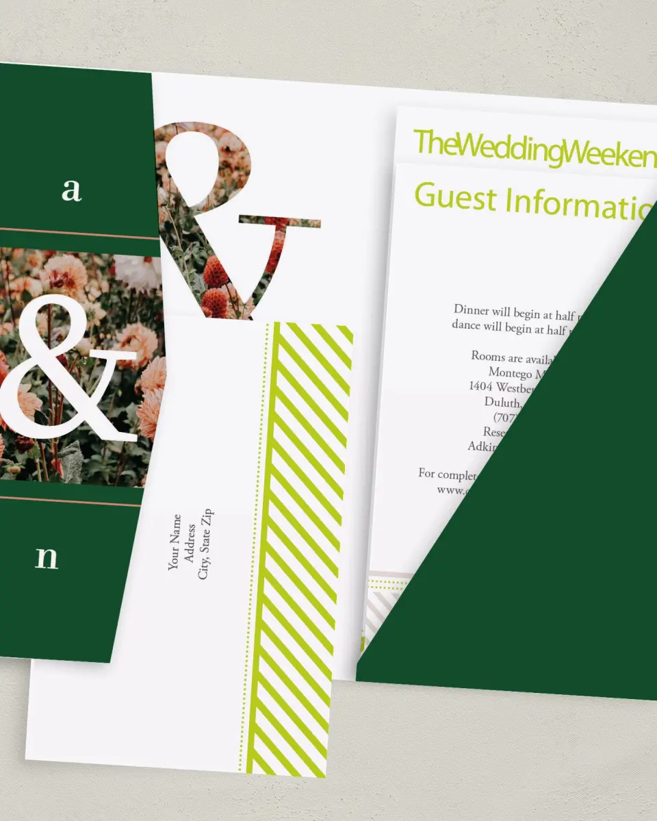 This is a 5" x 7⅞" Pocket Wedding Invitation called Dreamy Meadows printed in full color on Premium Smooth paper