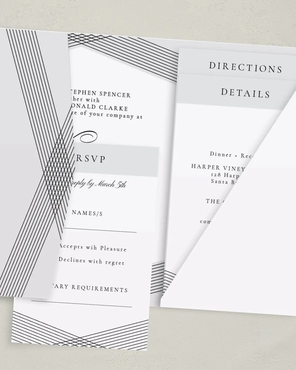 This is a 5" x 7⅞" Pocket Wedding Invitation called Dearest Lines printed in full color with Gold foil on Luxe Satin (coated) paper