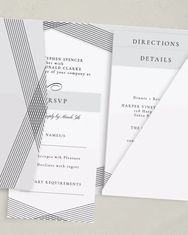 This is a 5" x 7⅞" Pocket Wedding Invitation called Dearest Lines printed in full color on Premium Smooth paper