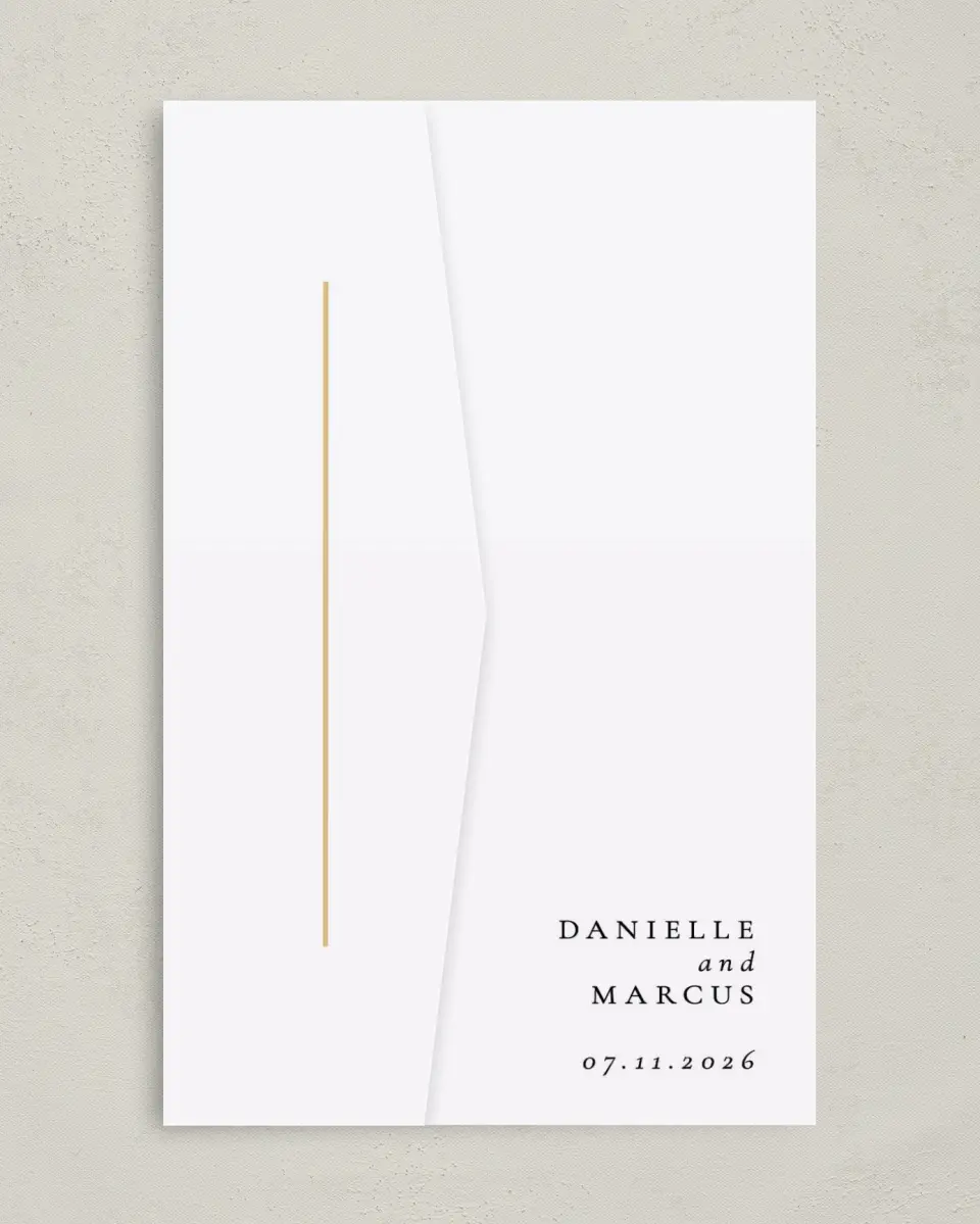 This is a 5" x 7⅞" Pocket Wedding Invitation called Laughing Hearts printed in full color on Premium Smooth paper