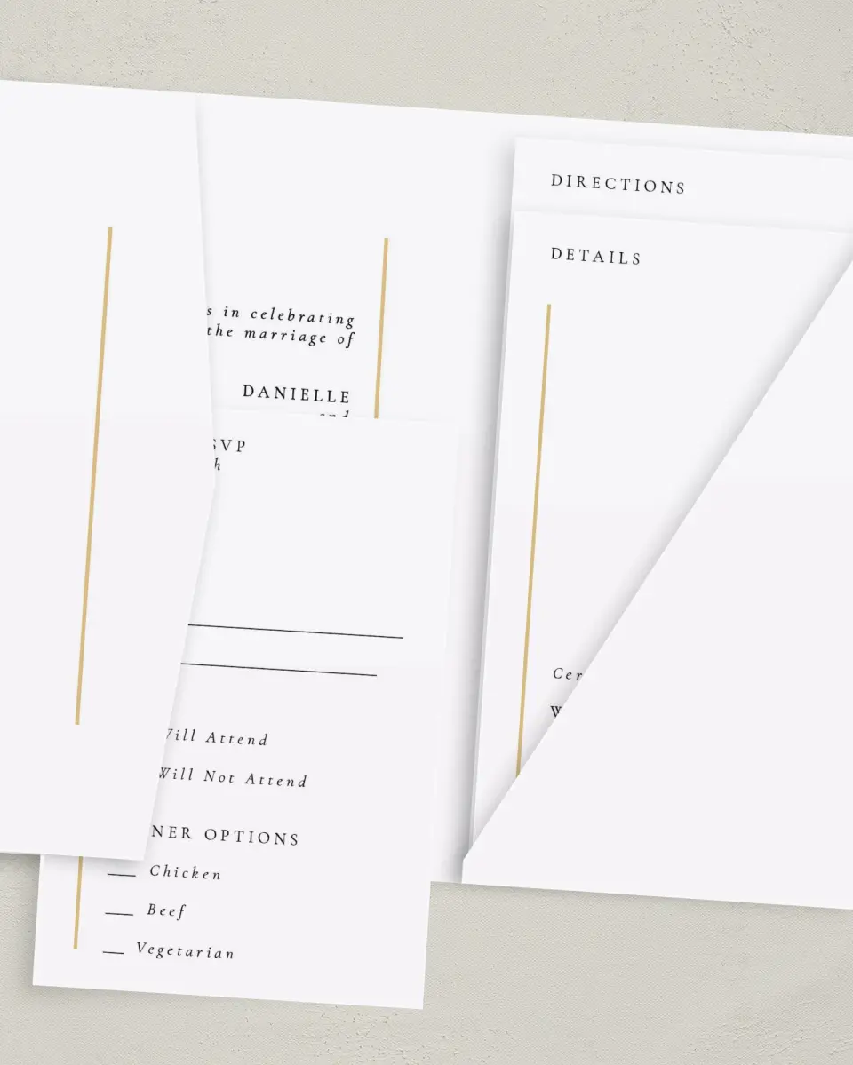 This is a 5" x 7⅞" Pocket Wedding Invitation called Laughing Hearts printed in full color with Gold foil on Luxe Satin (coated) paper
