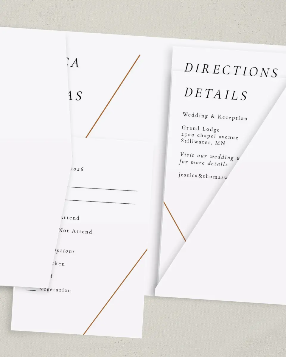 This is a 5" x 7⅞" Pocket Wedding Invitation called Sneek Peek printed in full color with Gold foil on Luxe Satin (coated) paper