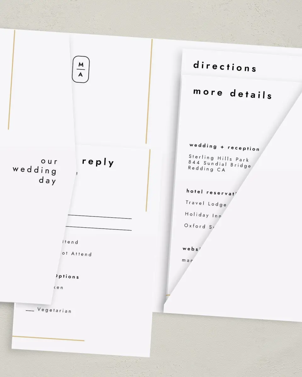 This is a 5" x 7⅞" Pocket Wedding Invitation called The Proposal printed in full color with Gold foil on Luxe Satin (coated) paper