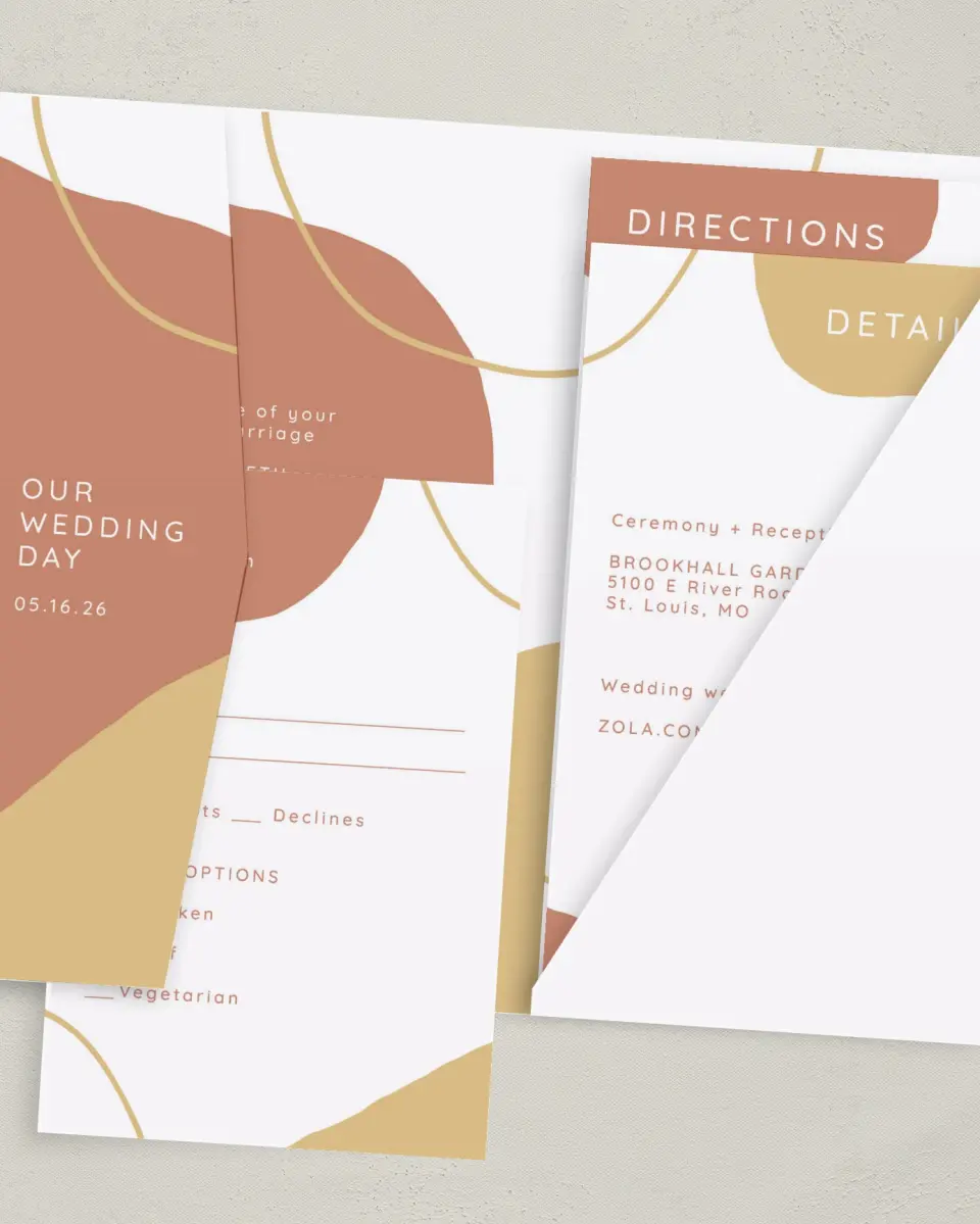 This is a 5" x 7⅞" Pocket Wedding Invitation called Contemporary Bubbles printed in full color with Gold foil on Luxe Satin (coated) paper