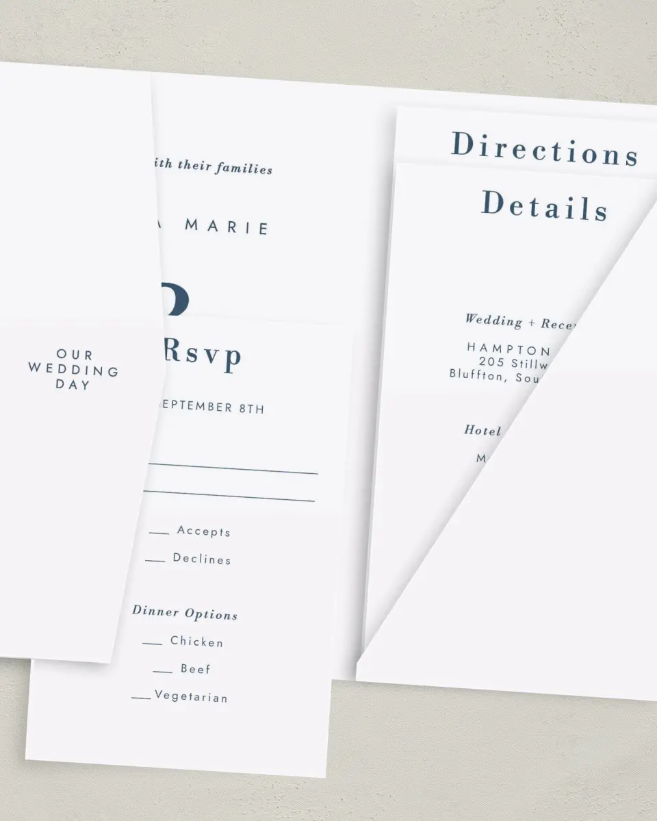 This is a 5" x 7⅞" Pocket Wedding Invitation called Perfect Picture printed in full color with Gold foil on Luxe Satin (coated) paper