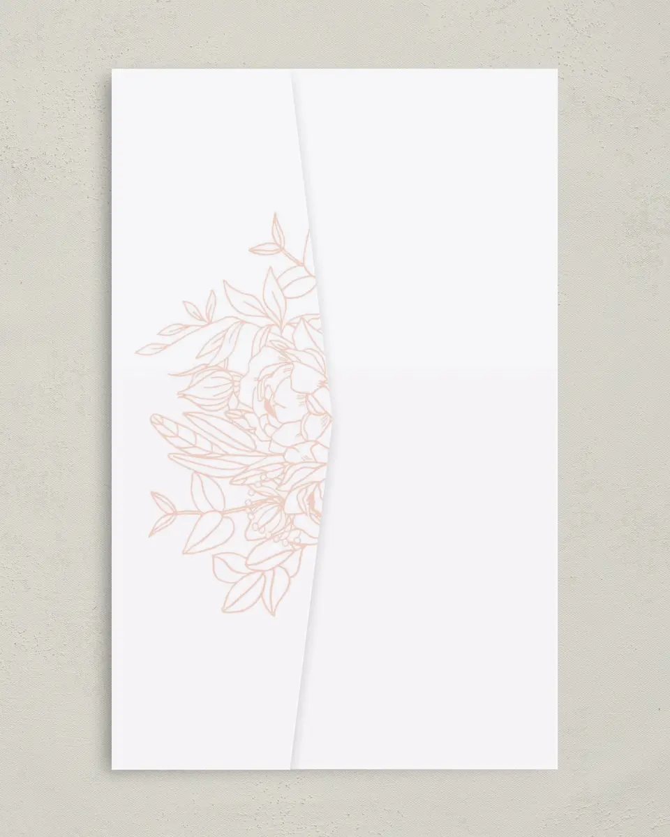 This is a 5" x 7⅞" Pocket Wedding Invitation called Floral Outline printed in full color on Premium Smooth paper