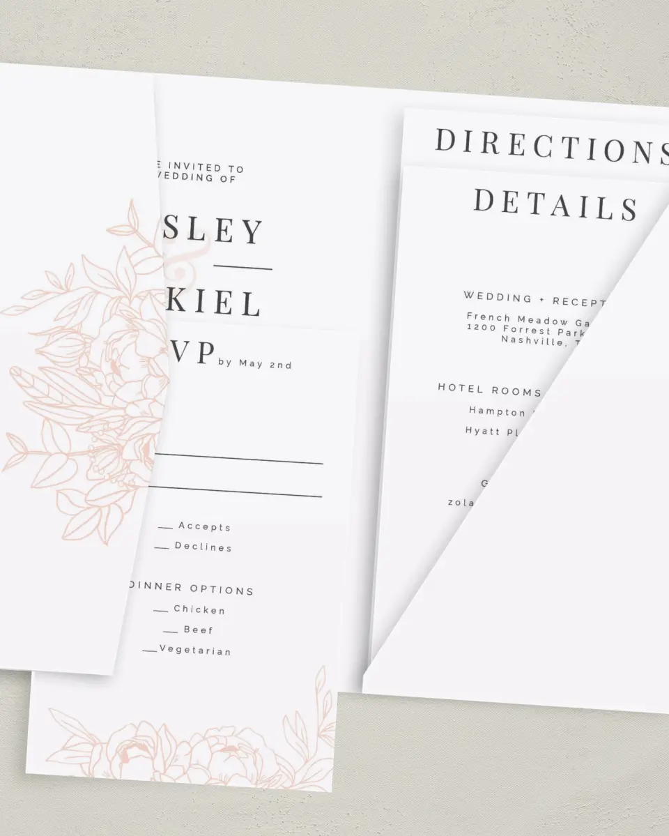 This is a 5" x 7⅞" Pocket Wedding Invitation called Floral Outline printed in full color with Gold foil on Luxe Satin (coated) paper