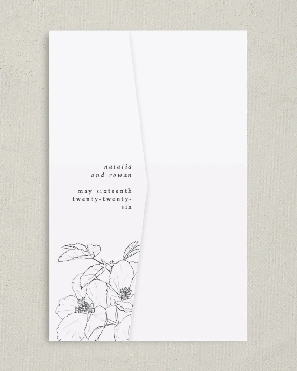 This is a 5" x 7⅞" Pocket Wedding Invitation called Hibiscus Hideaway printed in full color on Premium Smooth paper