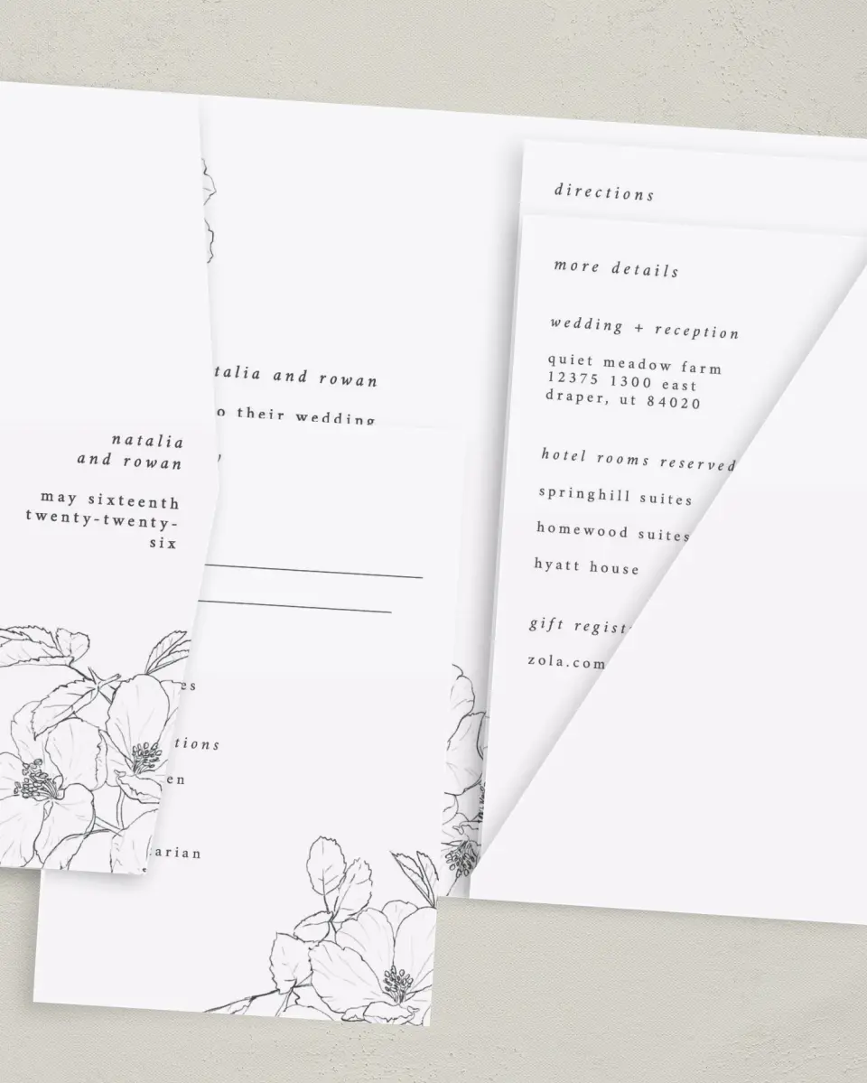This is a 5" x 7⅞" Pocket Wedding Invitation called Hibiscus Hideaway printed in full color on Premium Smooth paper
