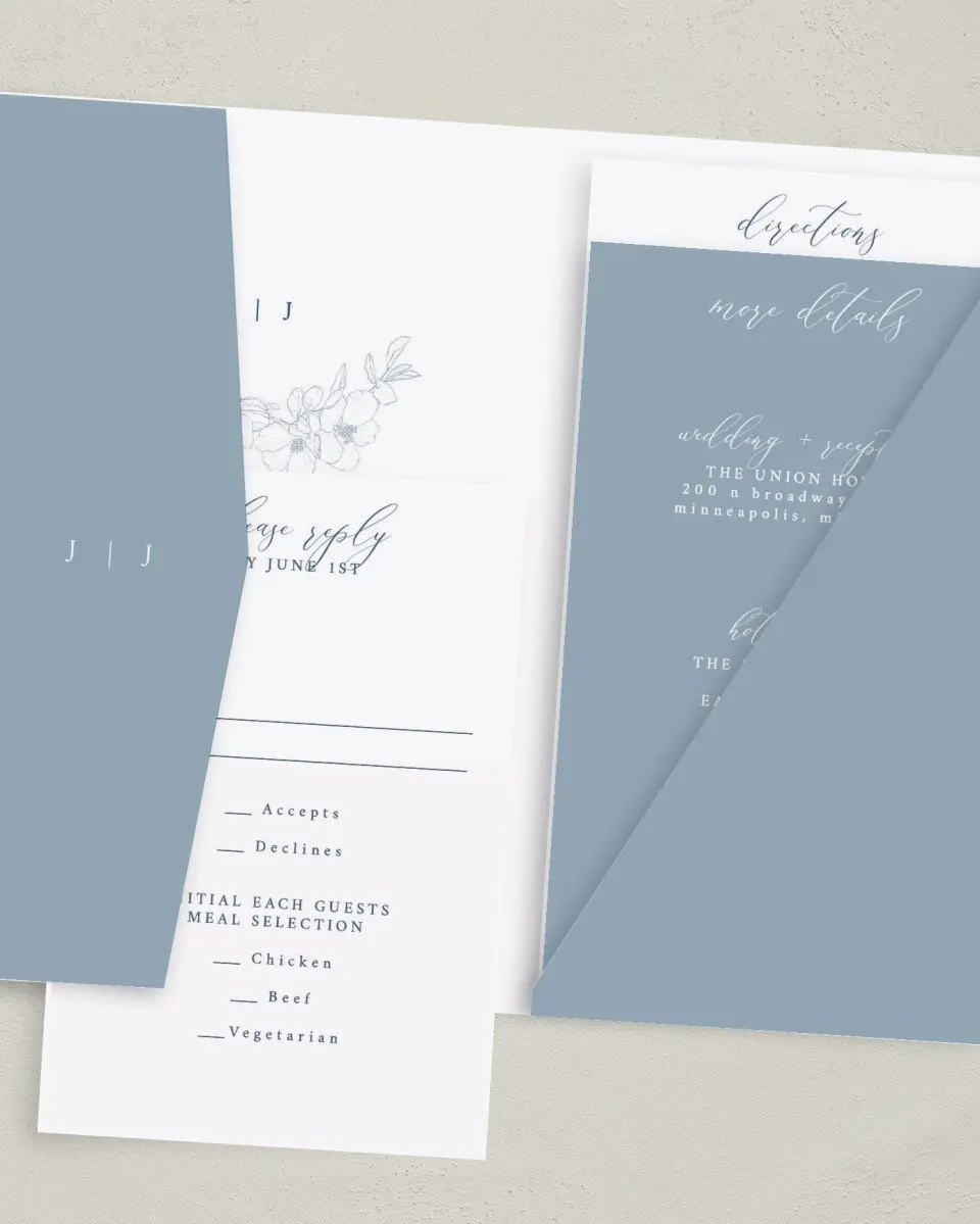 This is a 5" x 7⅞" Pocket Wedding Invitation called Floral Sketch printed in full color with Gold foil on Luxe Satin (coated) paper