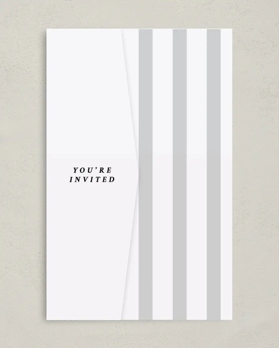 This is a 5" x 7⅞" Pocket Wedding Invitation called Framed Boxes printed in full color on Premium Smooth paper