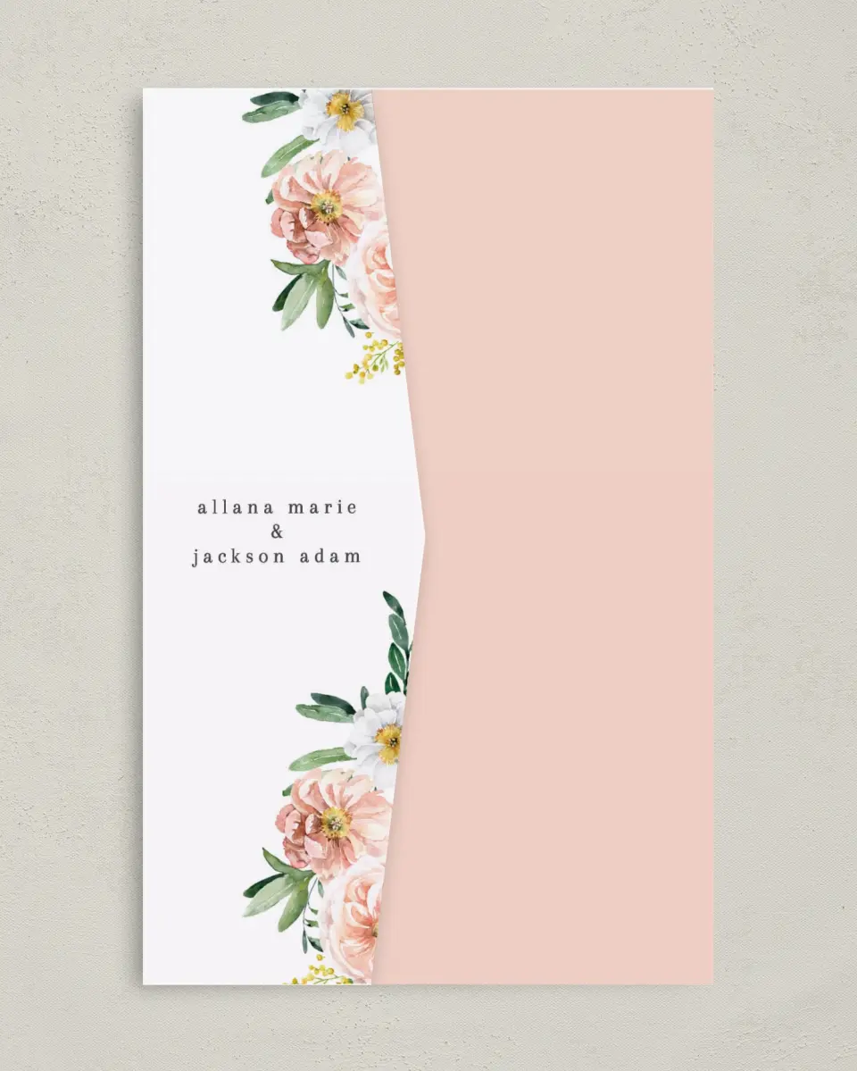 This is a 5" x 7⅞" Pocket Wedding Invitation called Delicate Florals printed in full color on Premium Smooth paper