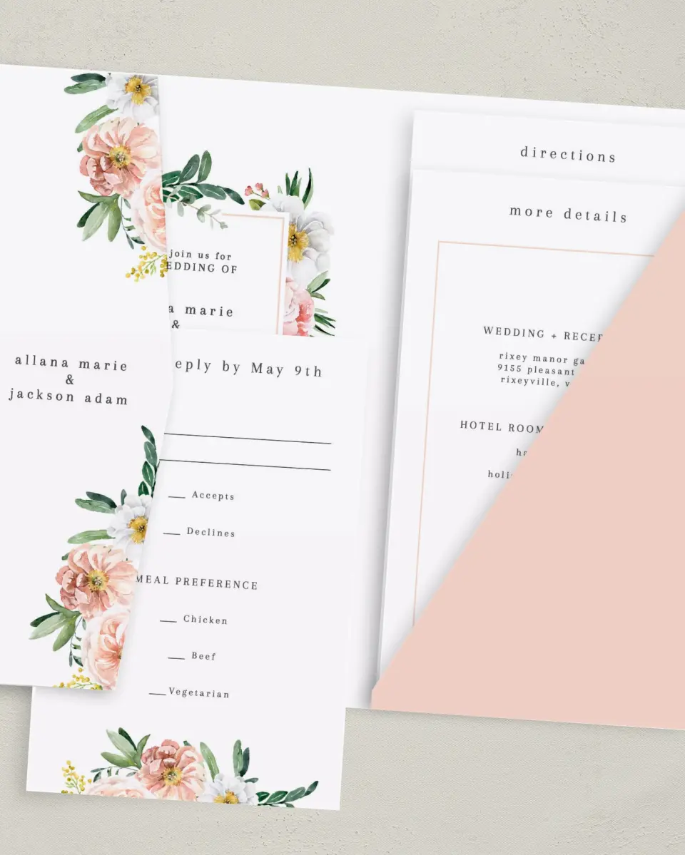This is a 5" x 7⅞" Pocket Wedding Invitation called Delicate Florals printed in full color on Premium Smooth paper