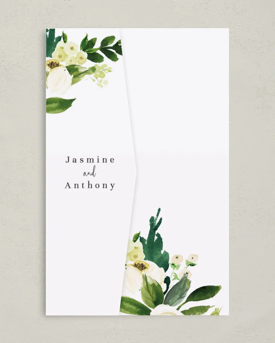 This is a 5" x 7⅞" Pocket Wedding Invitation called Wedding Florals printed in full color with Rose Gold foil on Luxe Satin (coated) paper