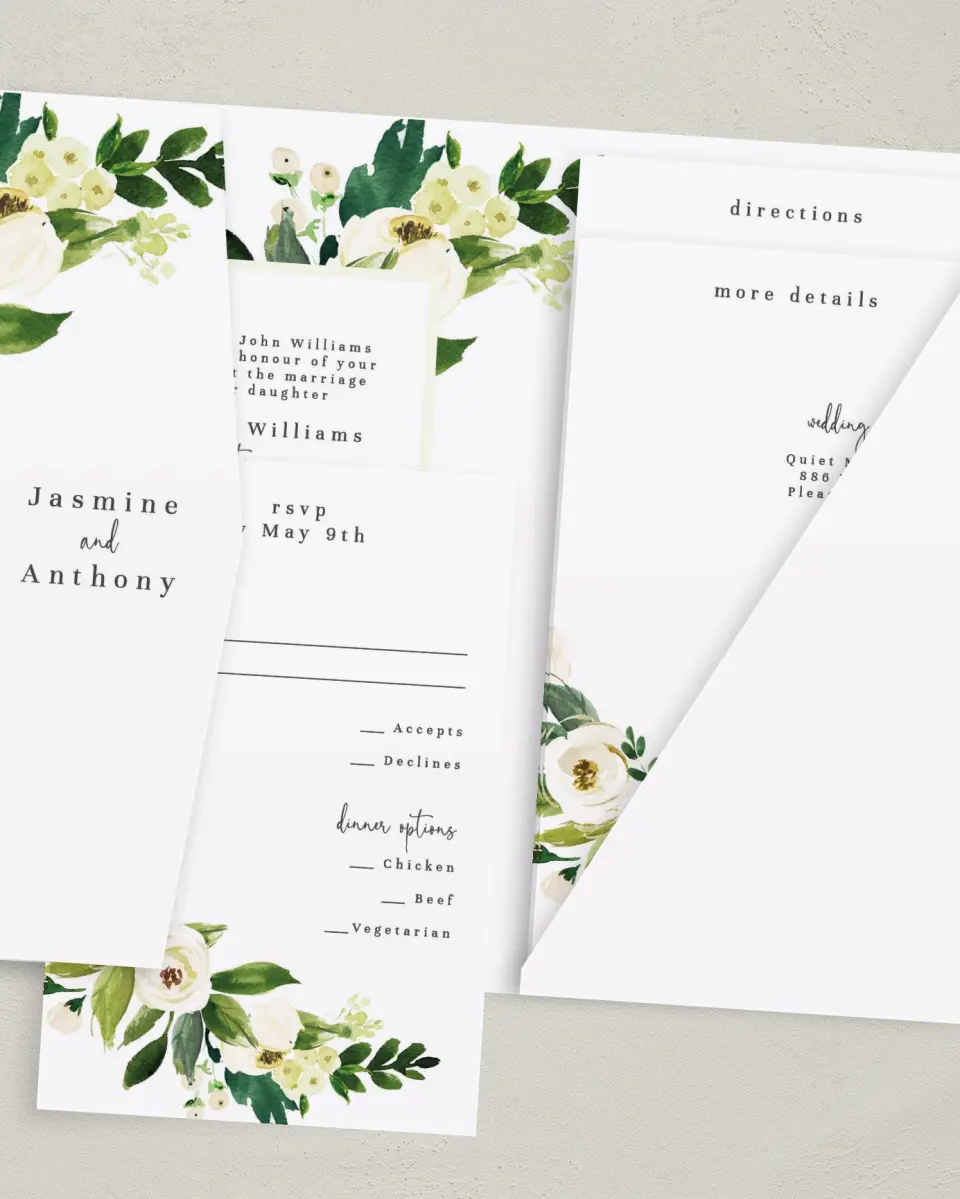 This is a 5" x 7⅞" Pocket Wedding Invitation called Wedding Florals printed in full color with Rose Gold foil on Luxe Satin (coated) paper