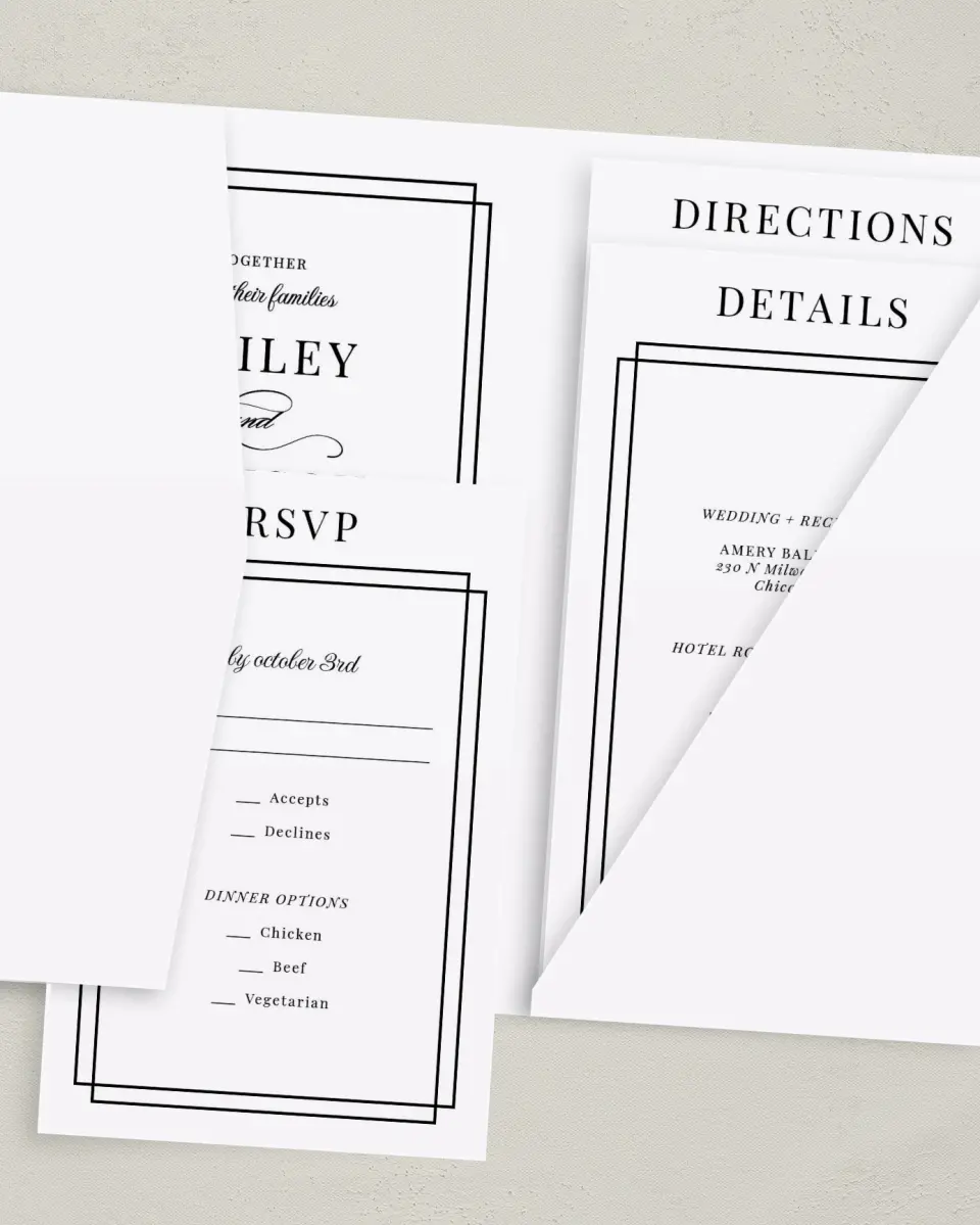 This is a 5" x 7⅞" Pocket Wedding Invitation called Because You're Mine printed in full color with Gold foil on Luxe Satin (coated) paper