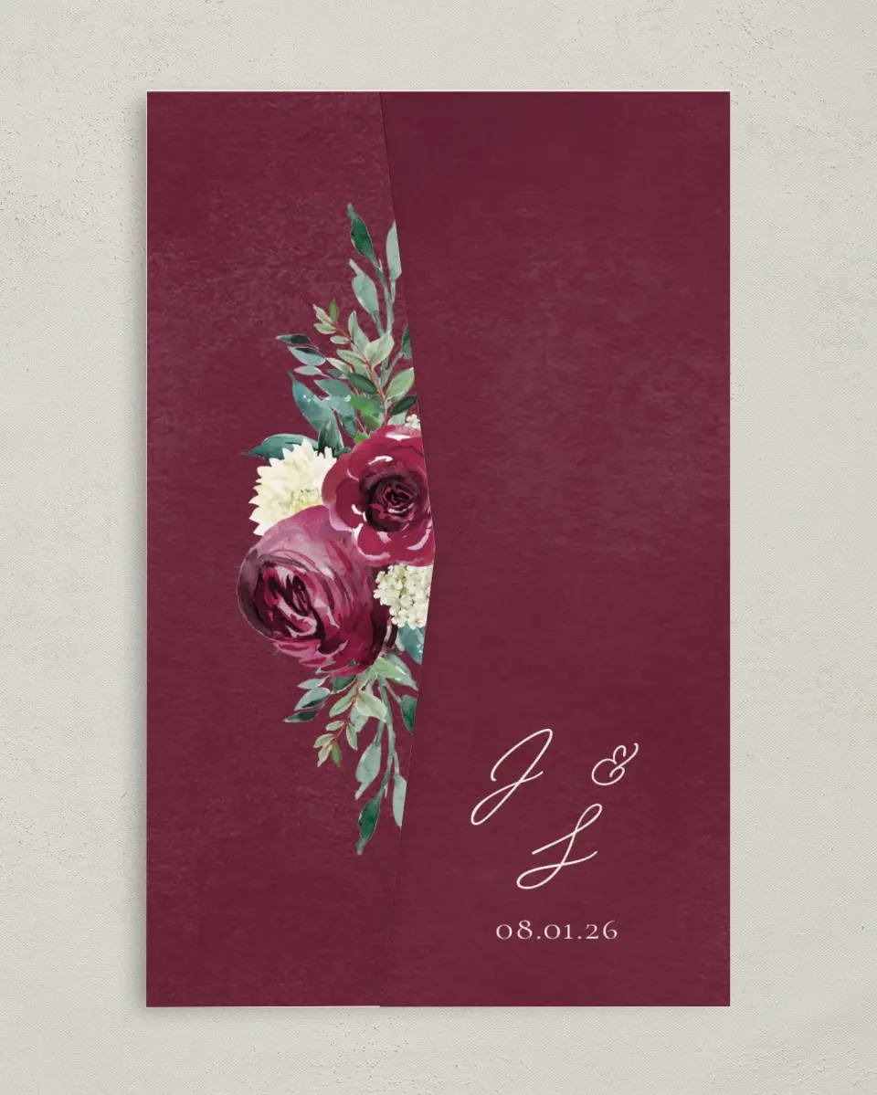 This is a 5" x 7⅞" Pocket Wedding Invitation called Floral Touch printed in full color on Premium Smooth paper