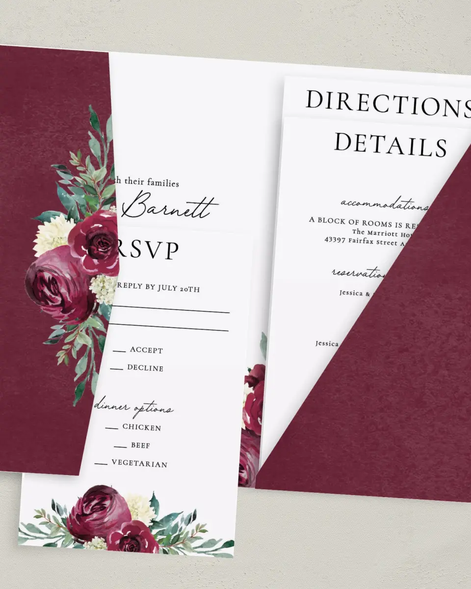 This is a 5" x 7⅞" Pocket Wedding Invitation called Floral Touch printed in full color with Gold foil on Luxe Satin (coated) paper