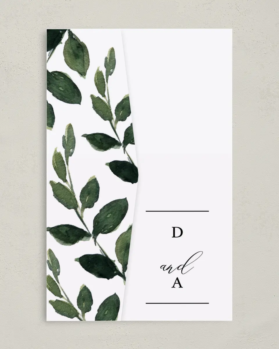 This is a 5" x 7⅞" Pocket Wedding Invitation called All for Love printed in full color on Premium Smooth paper