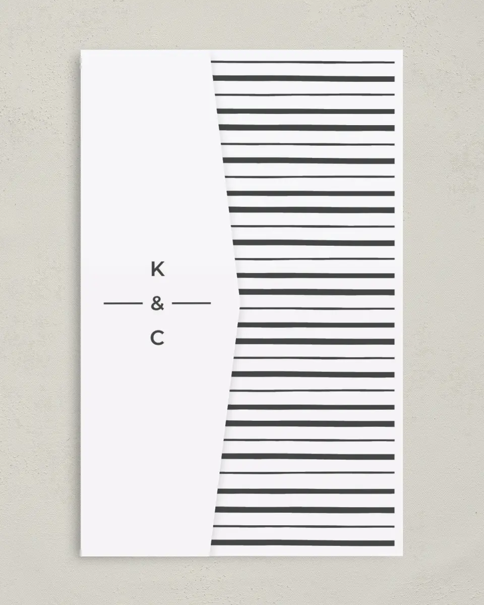 This is a 5" x 7⅞" Pocket Wedding Invitation called Love on the Line printed in full color on Premium Smooth paper
