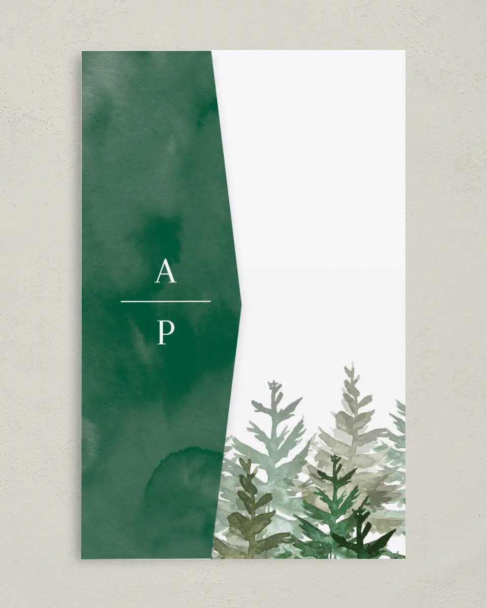 This is a 5" x 7⅞" Pocket Wedding Invitation called Ethereal Evergreens printed in full color on Premium Smooth paper