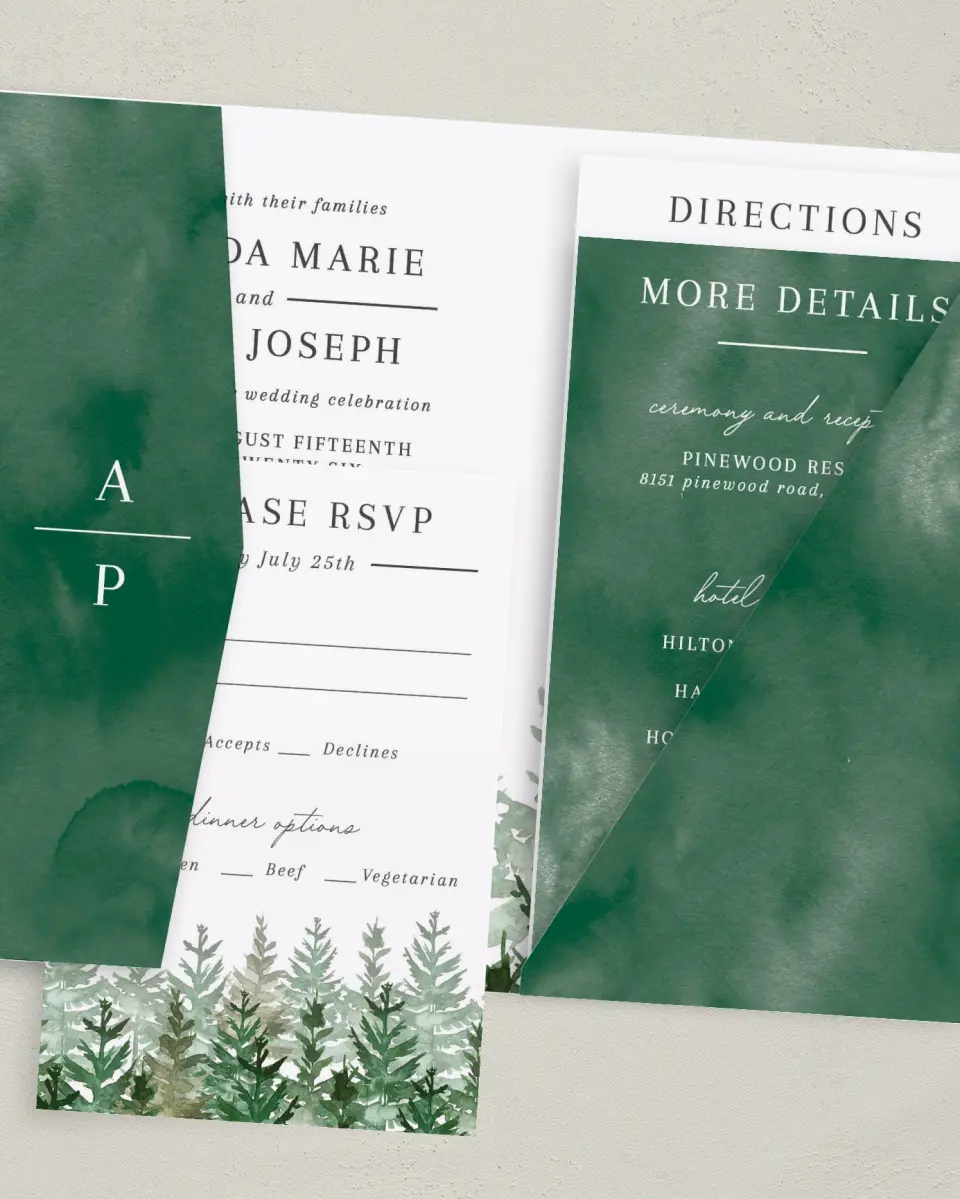 This is a 5" x 7⅞" Pocket Wedding Invitation called Ethereal Evergreens printed in full color with Gold foil on Luxe Satin (coated) paper