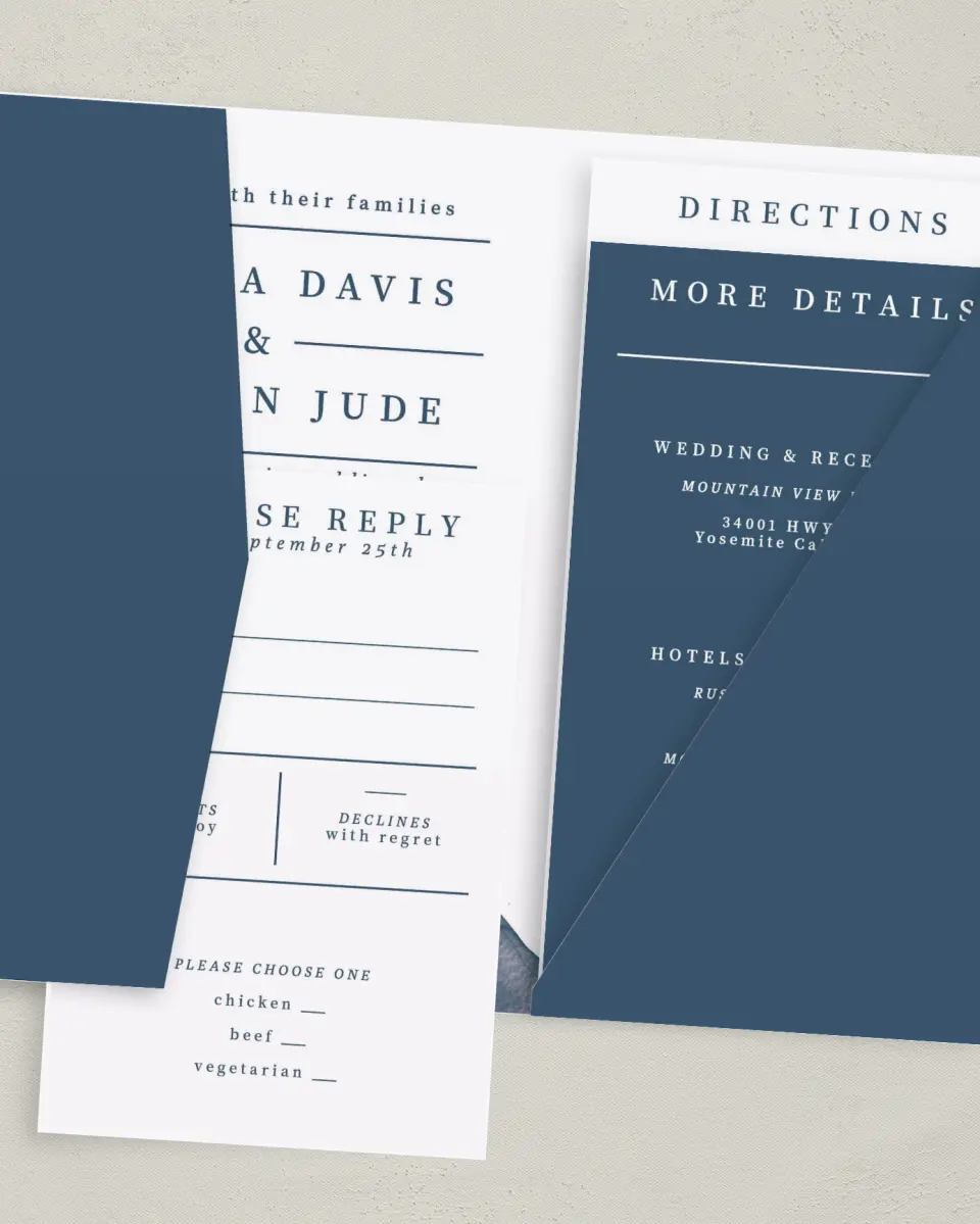 This is a 5" x 7⅞" Pocket Wedding Invitation called Perfect Peak printed in full color with Gold foil on Luxe Satin (coated) paper