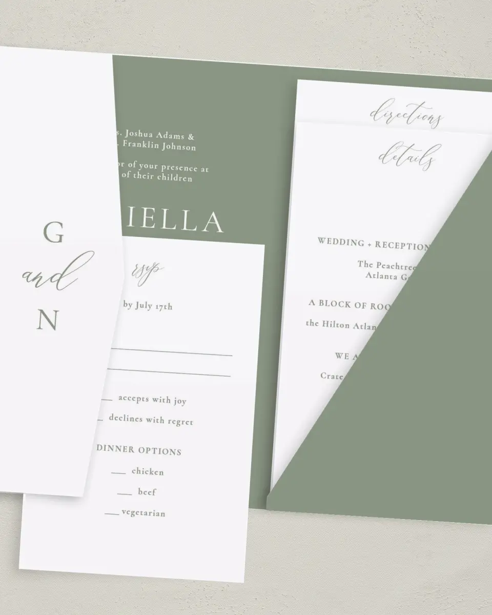 This is a 5" x 7⅞" Pocket Wedding Invitation called Minimalist Type printed in full color with Gold foil on Luxe Satin (coated) paper