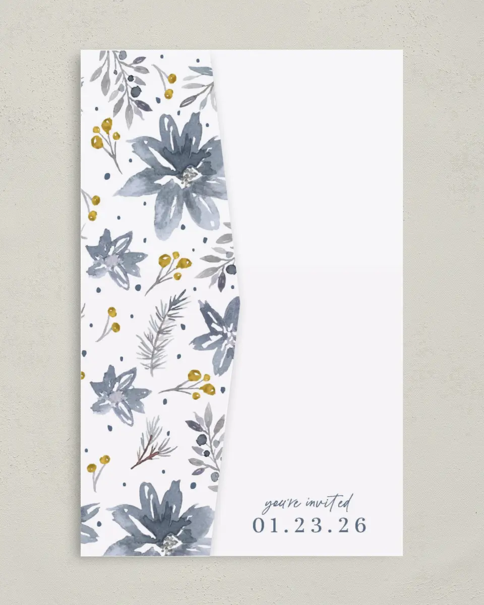This is a 5" x 7⅞" Pocket Wedding Invitation called Winter Floral printed in full color on Premium Smooth paper