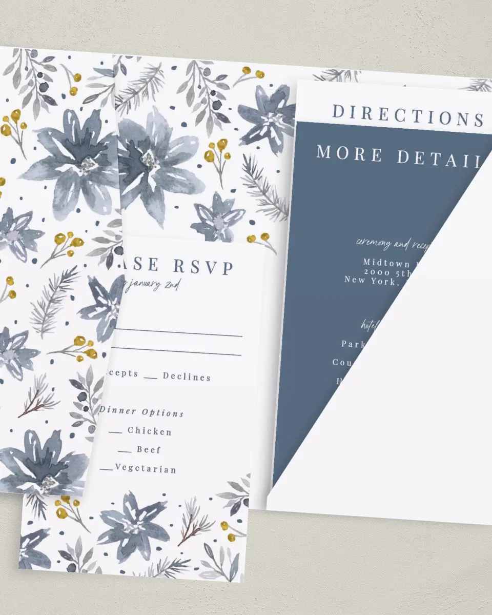 This is a 5" x 7⅞" Pocket Wedding Invitation called Winter Floral printed in full color with Gold foil on Luxe Satin (coated) paper