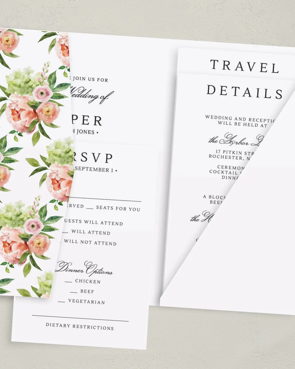 This is a 5" x 7⅞" Pocket Wedding Invitation called Elegant Unity printed in full color with Gold foil on Luxe Satin (coated) paper
