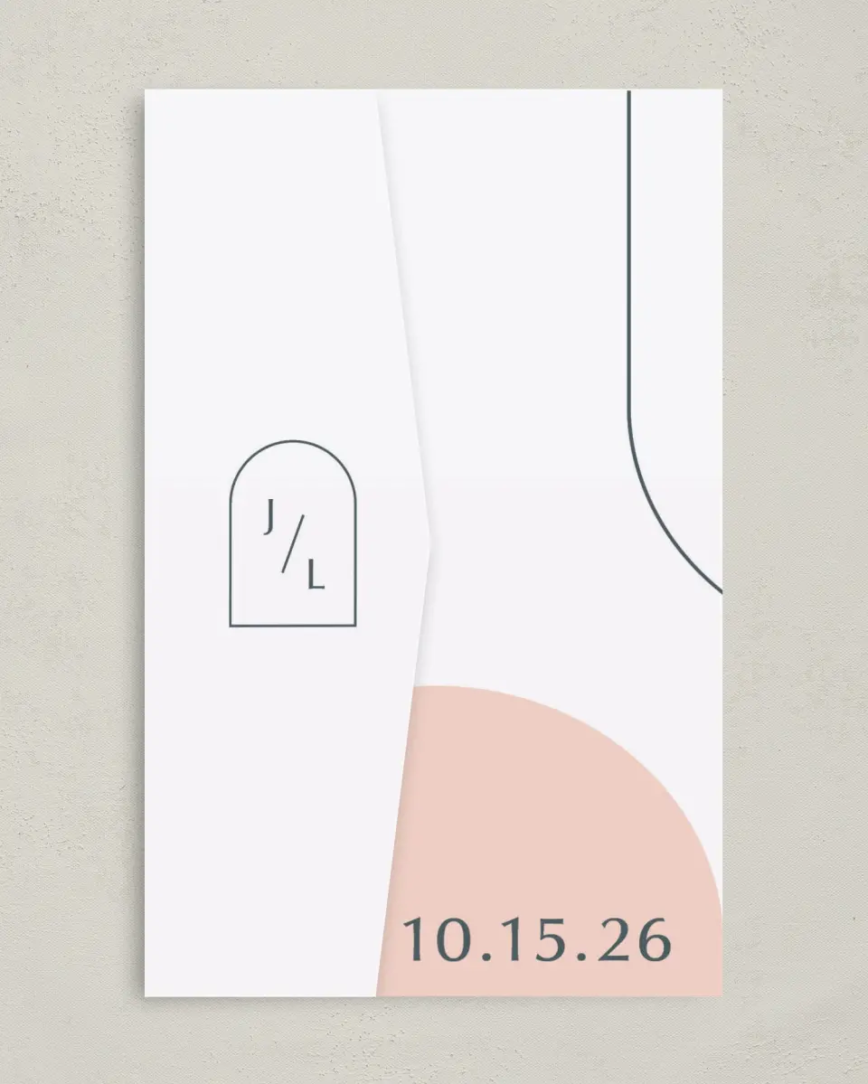 This is a 5" x 7⅞" Pocket Wedding Invitation called Mod Shapes printed in full color on Premium Smooth paper