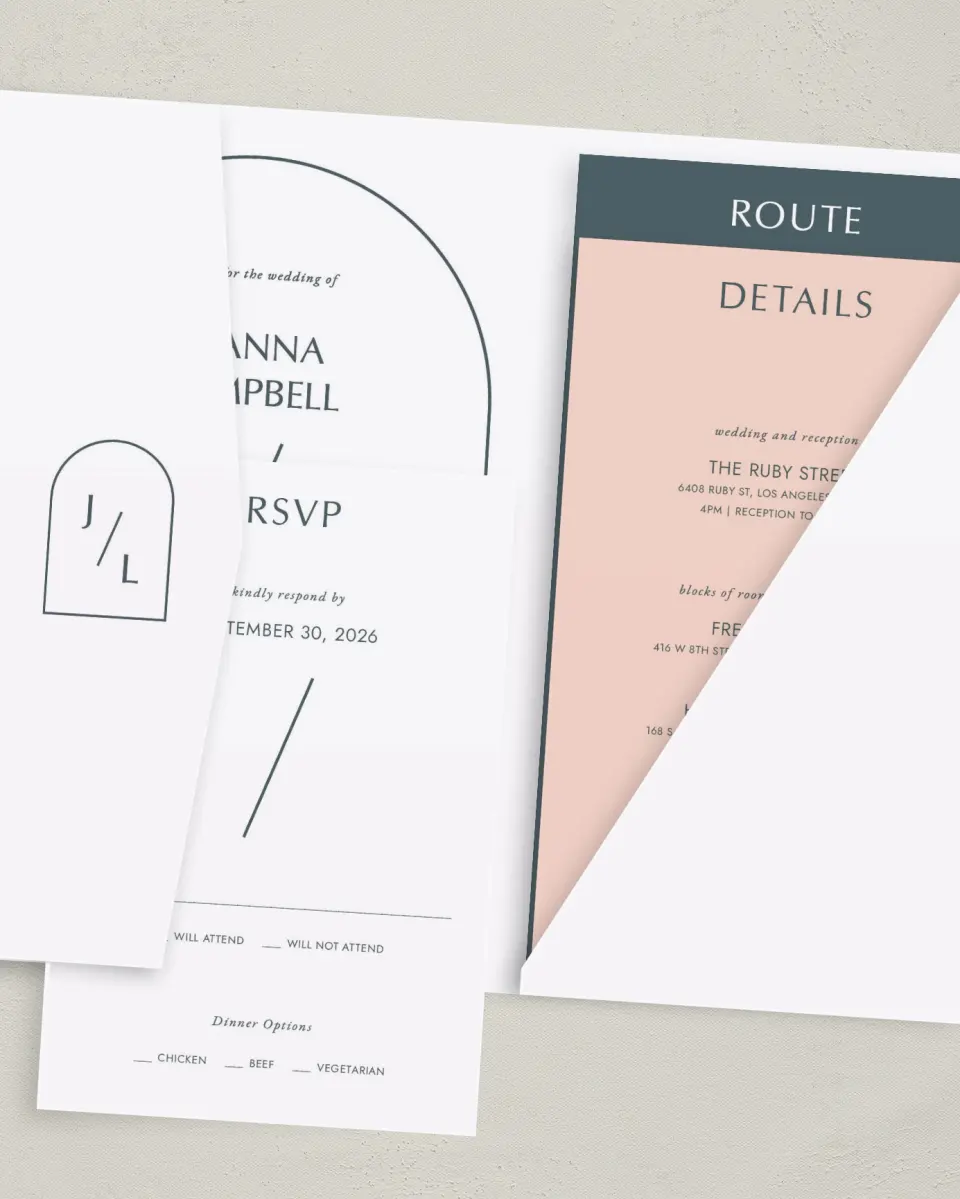 This is a 5" x 7⅞" Pocket Wedding Invitation called Mod Shapes printed in full color with Gold foil on Luxe Satin (coated) paper