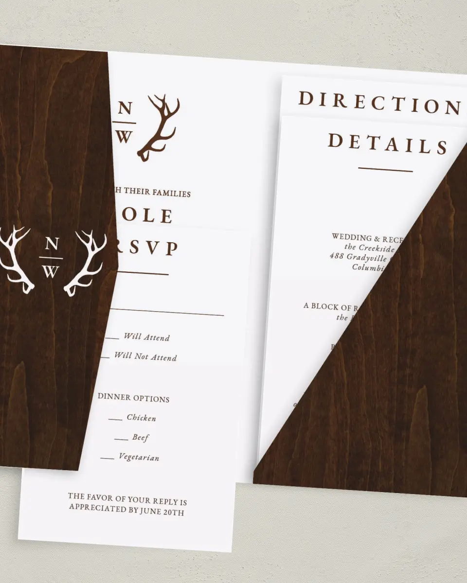 This is a 5" x 7⅞" Pocket Wedding Invitation called Rustic Antler printed in full color with Gold foil on Luxe Satin (coated) paper