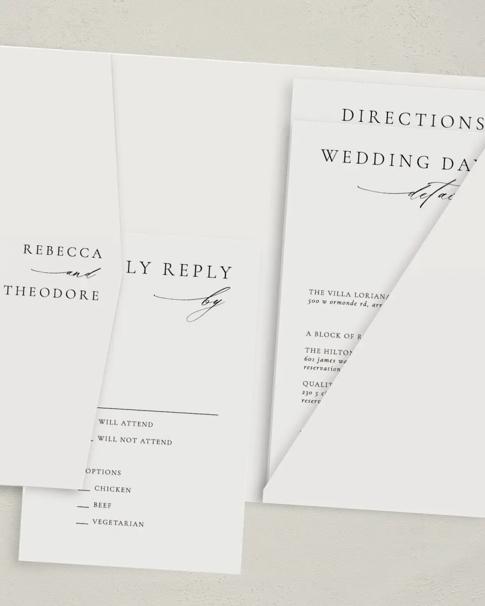 This is a 5" x 7⅞" Pocket Wedding Invitation called Simply Elegant printed in full color with Gold foil on Luxe Satin (coated) paper