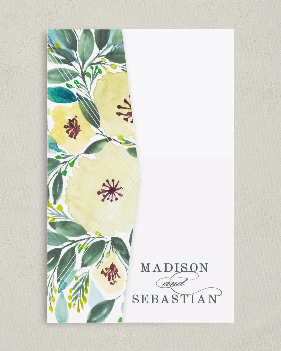 This is a 5" x 7⅞" Pocket Wedding Invitation called Bold Blooms printed in full color on Premium Smooth paper