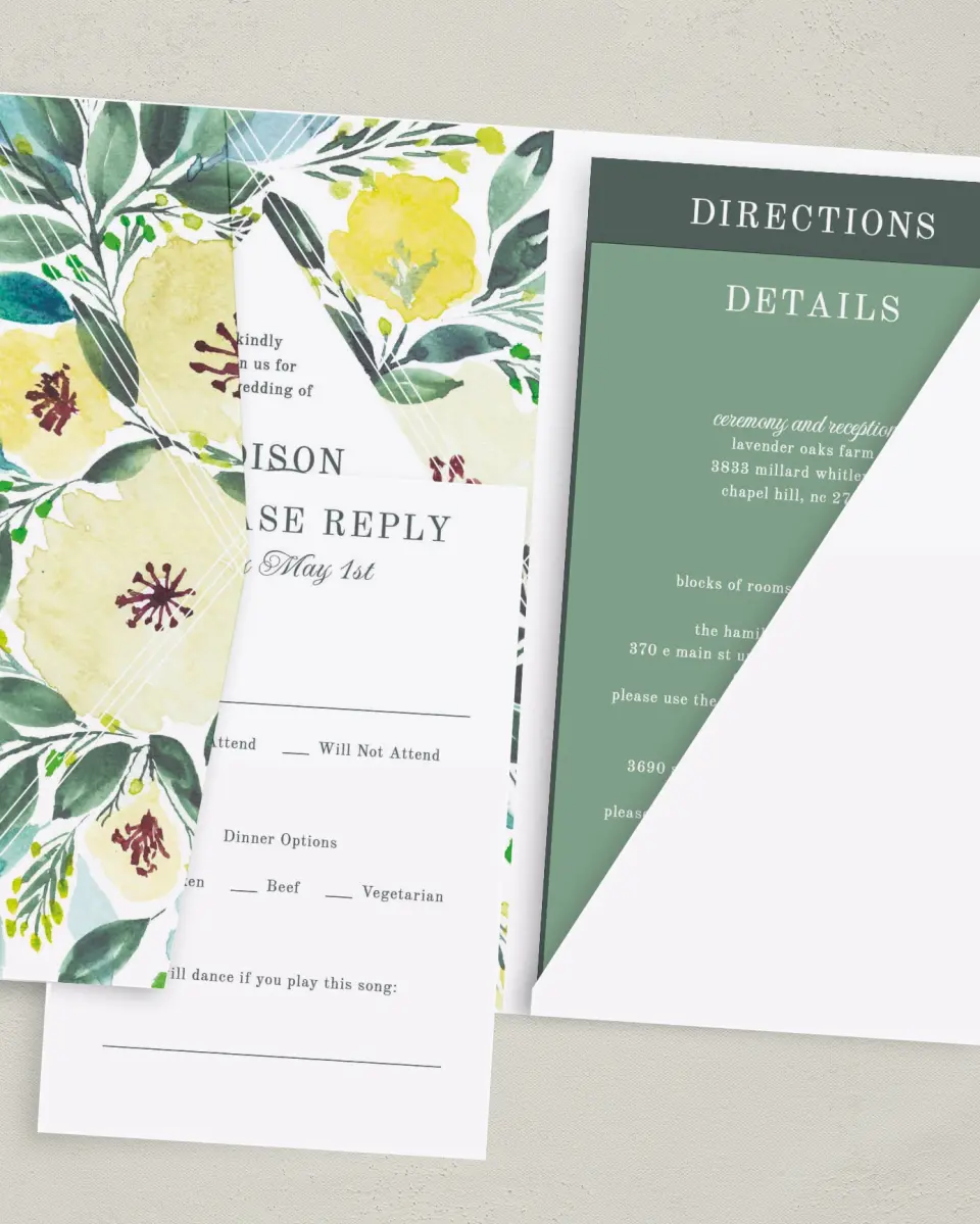 This is a 5" x 7⅞" Pocket Wedding Invitation called Bold Blooms printed in full color with Gold foil on Luxe Satin (coated) paper