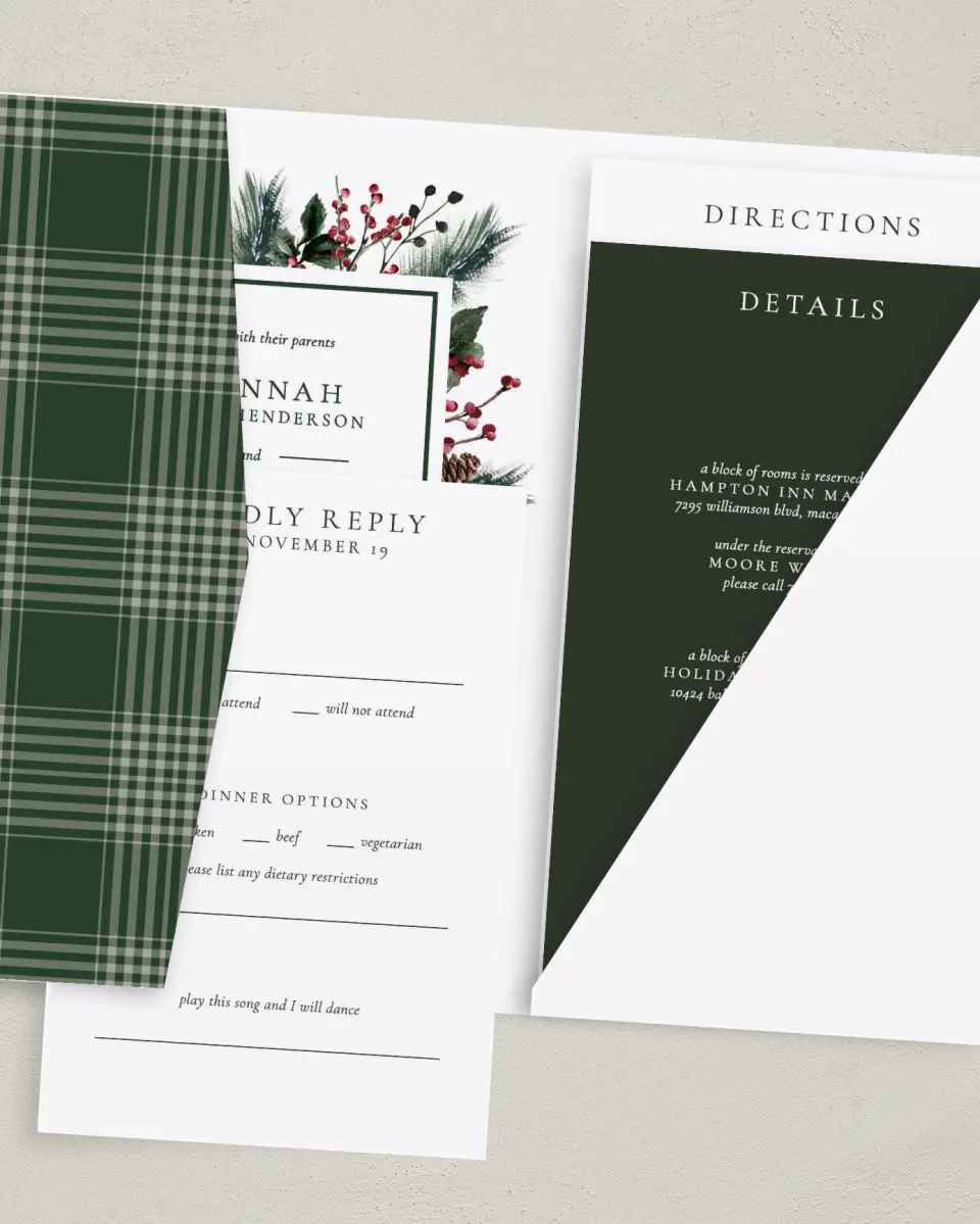 This is a 5" x 7⅞" Pocket Wedding Invitation called Festive Celebration printed in full color on Premium Smooth paper